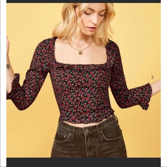 REFORMATION Barb Top in Mabel Black Rose Floral Print - Picture 7 of 11